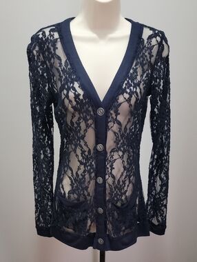 Vanity Navy Sheer Lace Button-Front Cardigan Sz S
